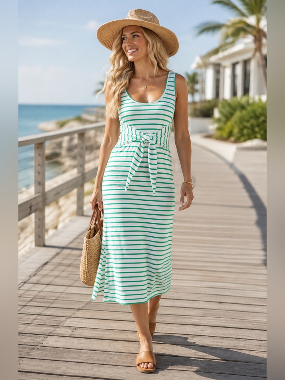 Rails Striped Tie-Waist Tank Midi Dress - Green & White MSRP $189